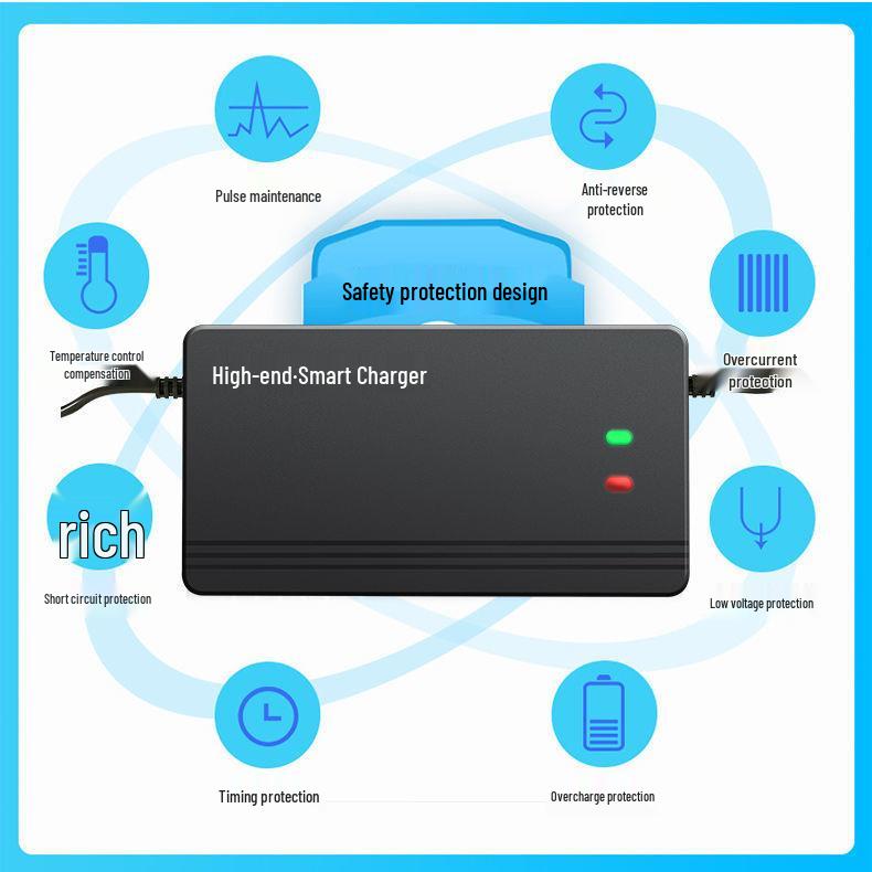 

Универсальное быстрое зарядное устройство 48В/60В/72В для двухколесных и трехколесных электромобилей с автоматическим отключением питания 72V 40AH, T-type, 6 batteries
