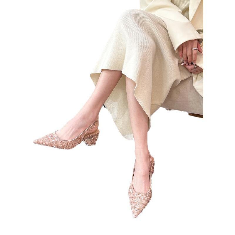 2025 spring new pointed sequined thick heel non-slip sandals women's spring and summer bag head rear empty shallow mouth casual women's sandals