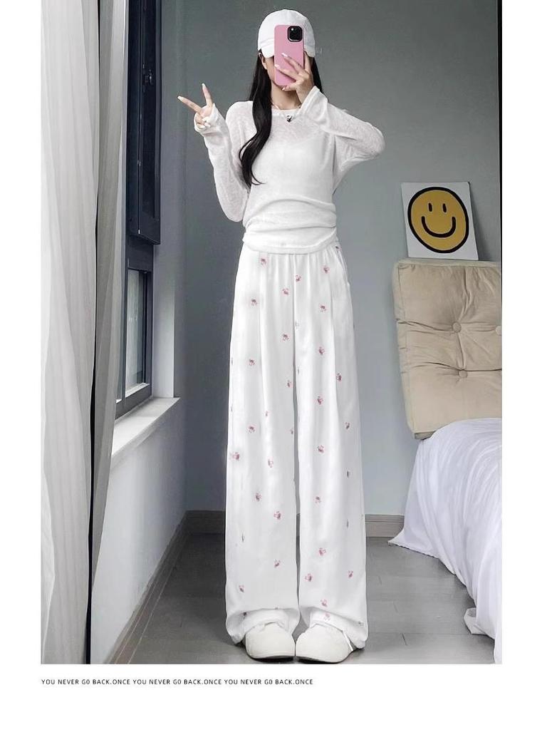 White Floral High-Waisted Yamamoto Summer 2025 Bowknot Wide-Leg Casual Pants