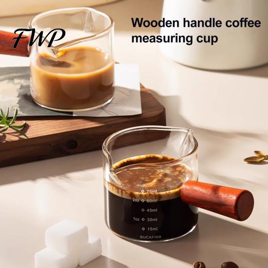 Anti-scalding Coffee Cup Milk Pitcher with Wooden Handle Mini Glass Creamer Food Grade for Espresso Small Sauce Dipping Bowl Measuring Scale Condiment