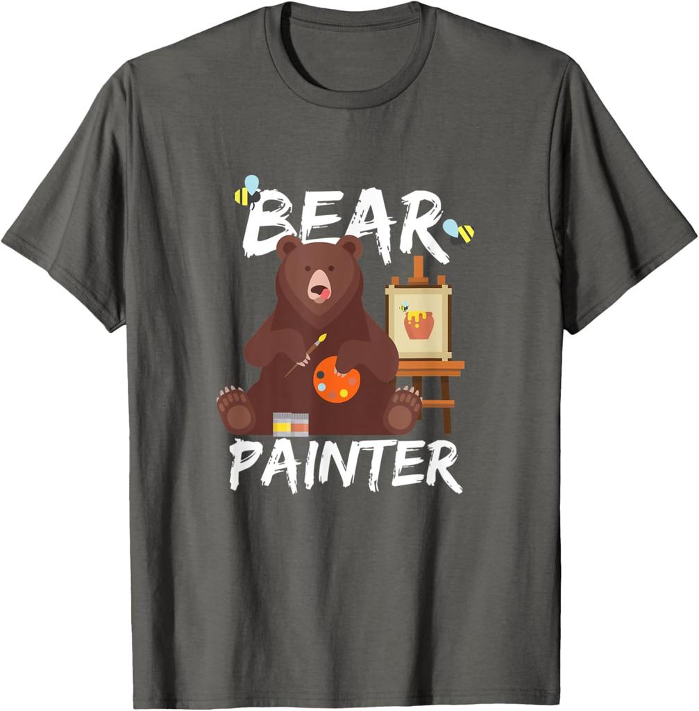 Bear Painter Funny Art Lover Graphic Tee Casual Cotton Short Sleeve TShirt for Men