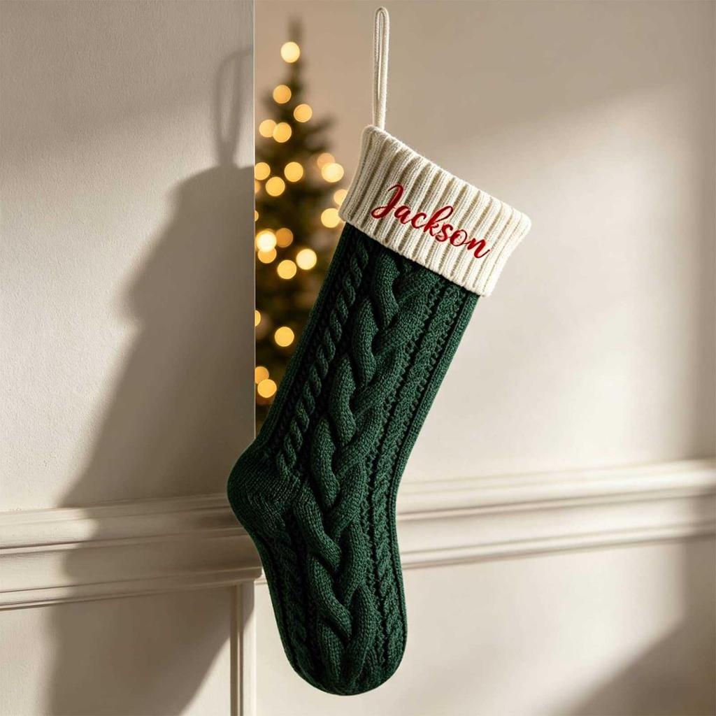 Large Knitted Wool Christmas Stocking with Embroidery - Rhombus Candy Bag Ornament