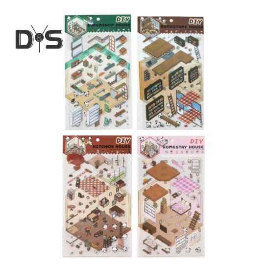 4Pcs DIY Scene Stickers 3D Miniature House Stickers Set Reusable Easy To Use DIY Projects Bookstore Scene Stickers