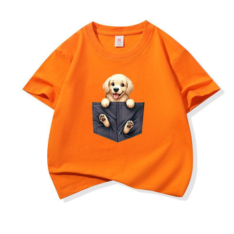 Kids Cotton T Shirt Lovely Pocket Golden Retriever Puppy Dog Print Crew Neck Short Sleeve Tee Breathable Boys Girls Summer Tops