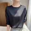 Round Neck Acetic Acid Satin Thin Draping Niche Design Sense 7-quarter Sleeve Summer Everyday Relaxed Fit Short-sleeved Base Top
