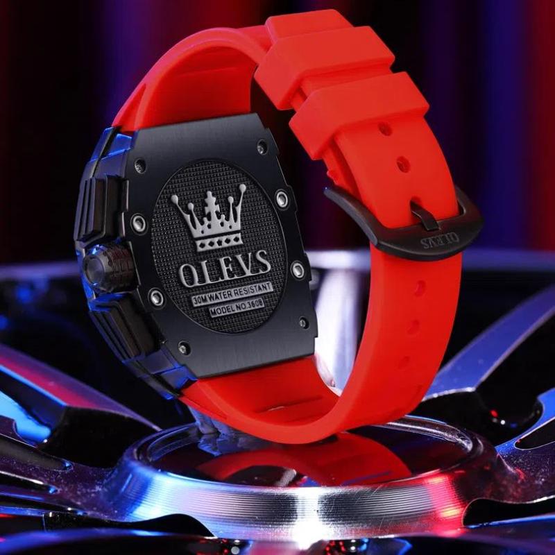 OLEVS Silikonarmband, wasserdichte Herren-Armbanduhr in Tonneau-Form, großes Zifferblatt, Sport-Quarzuhr, leuchtender Chronograph, Kalenderuhren