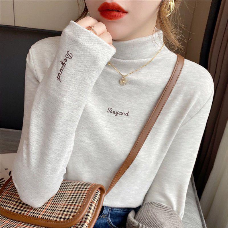 Velvet Semi-High Neck Embroidered Sweatshirt - Korean Style, Autumn/Winter Trendy Long Sleeve Pullover
