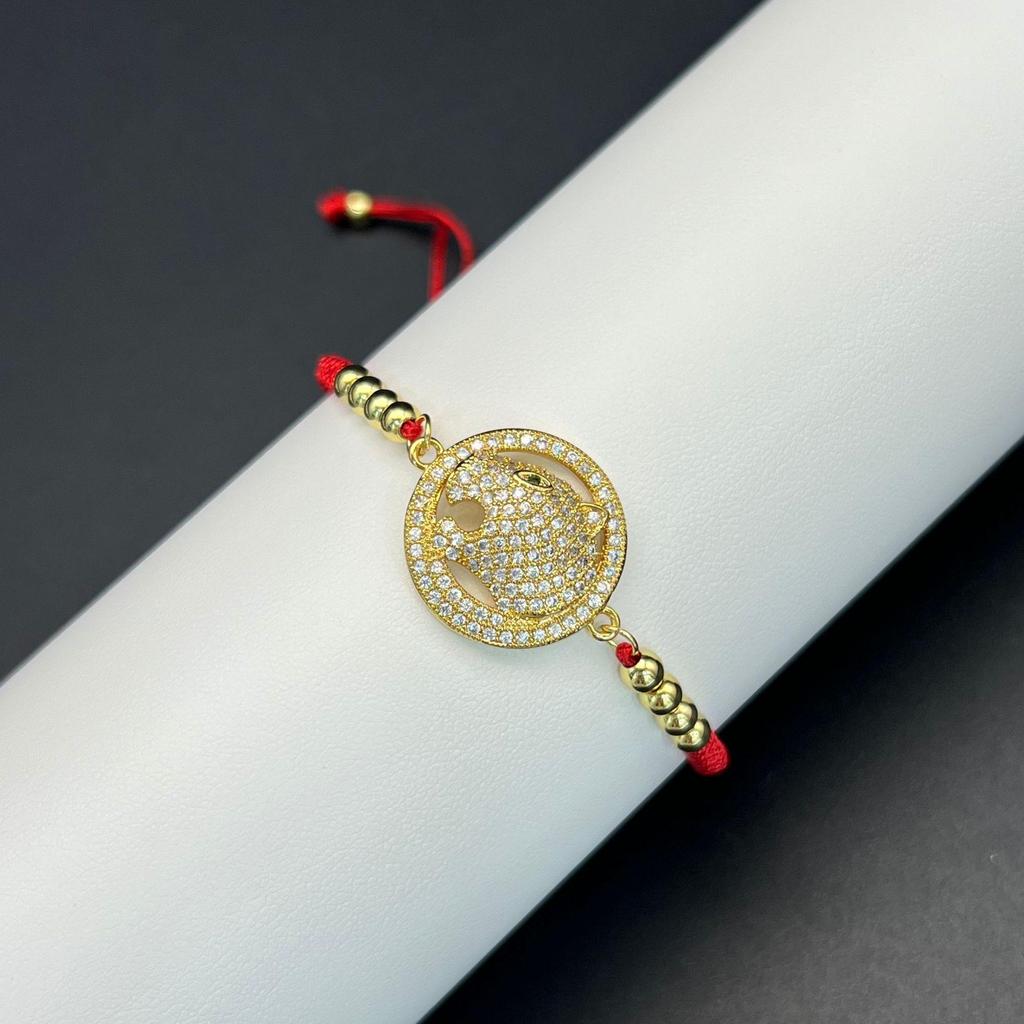 Retro-Leopardenkopf-Armband mit rotem Seil, mikro-eingefasstem Zirkonia und Zugband