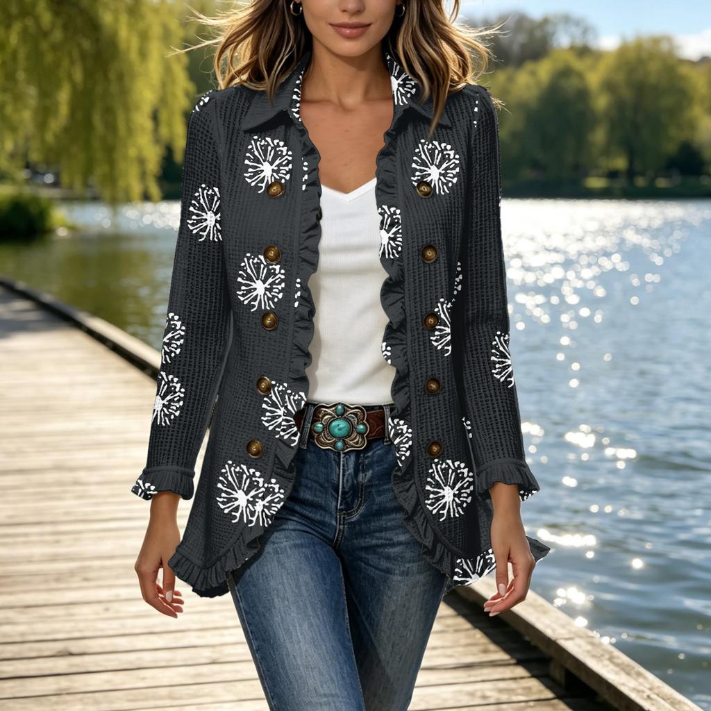 Women's Fashion Floral Print Long Sleeve Ruffle Open Front Cardigan for Casual Wear