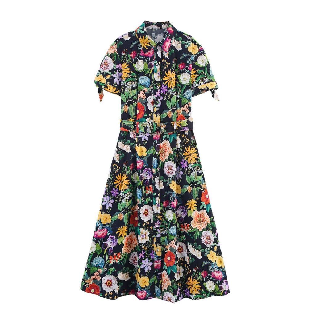 2025 Spring/Summer Women's Slim-Fit Printed Midi Dress with Shirt Collar