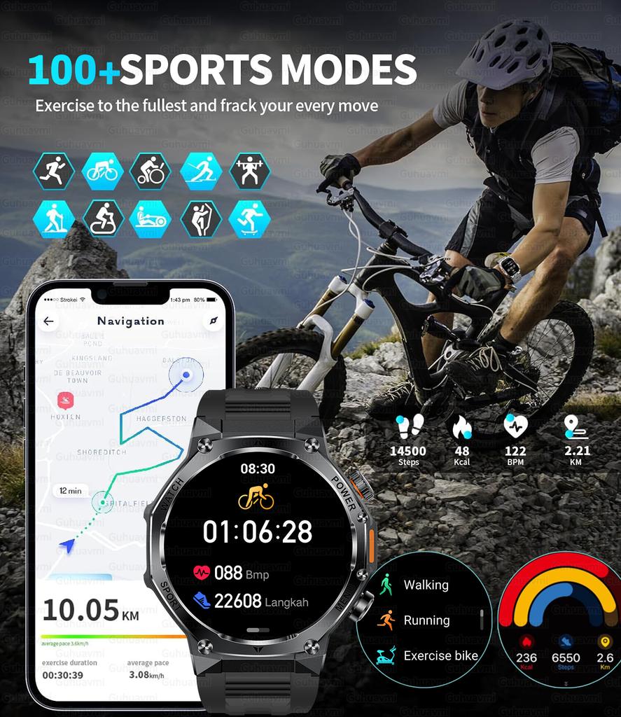 New Military Grade Sports Smart Watch 5ATM Swimming Waterproof 800mAh Bluetooth Call 1.8'' AMOLED Screen Smartwatch For Men