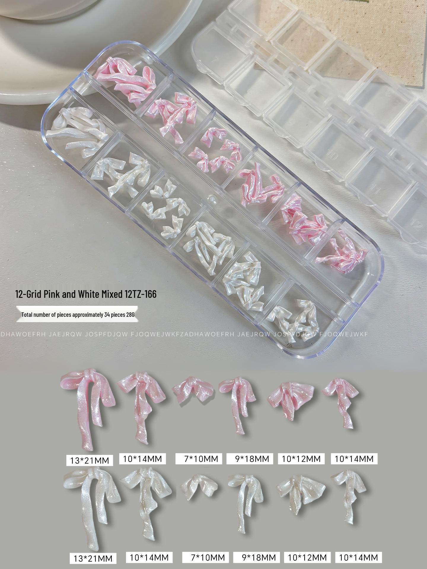 12-Grid Pink & White Satin Bow Nail Art Decoration Set