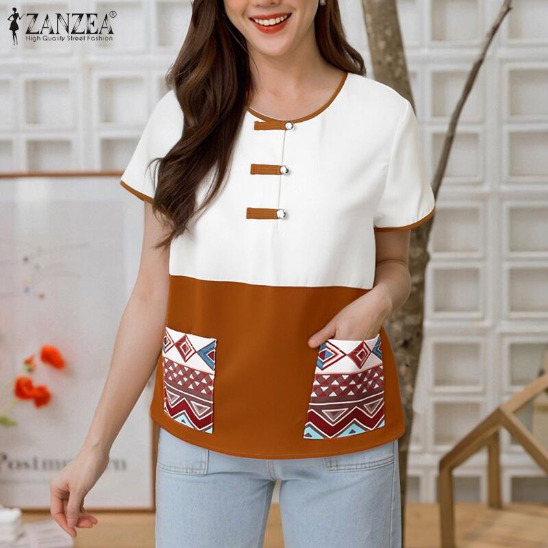 ZANZEA Women Casual Round Neck Short Sleeve Ethnic Print Blouse