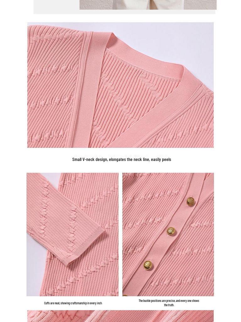 2025 Autumn/Winter V-neck Long Sleeve Single-Breasted Diagonal Stripe Knit Cardigan Outerwear