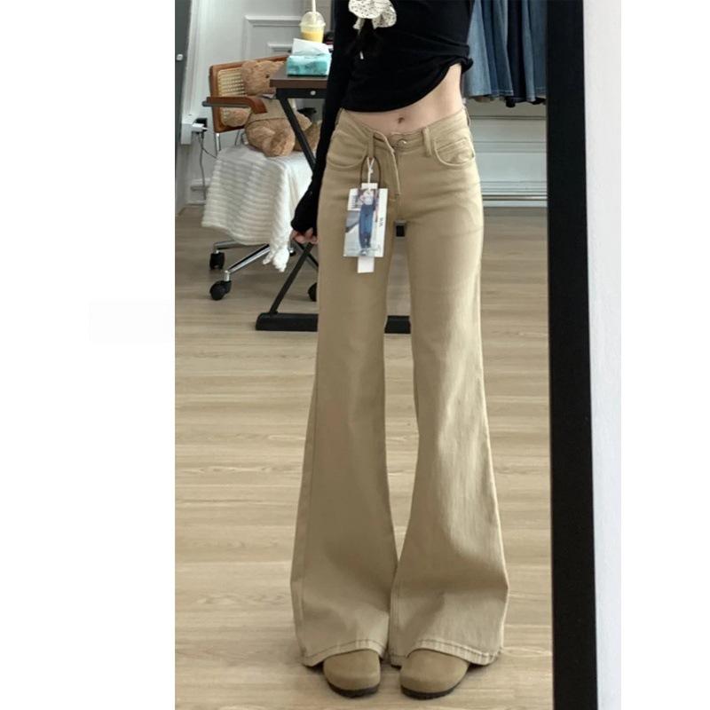 Khaki Plush Micro-Flare Low-Waist Jeans for Women, 2025 Autumn/Winter - Slimming Fit for Slightly Overweight Women