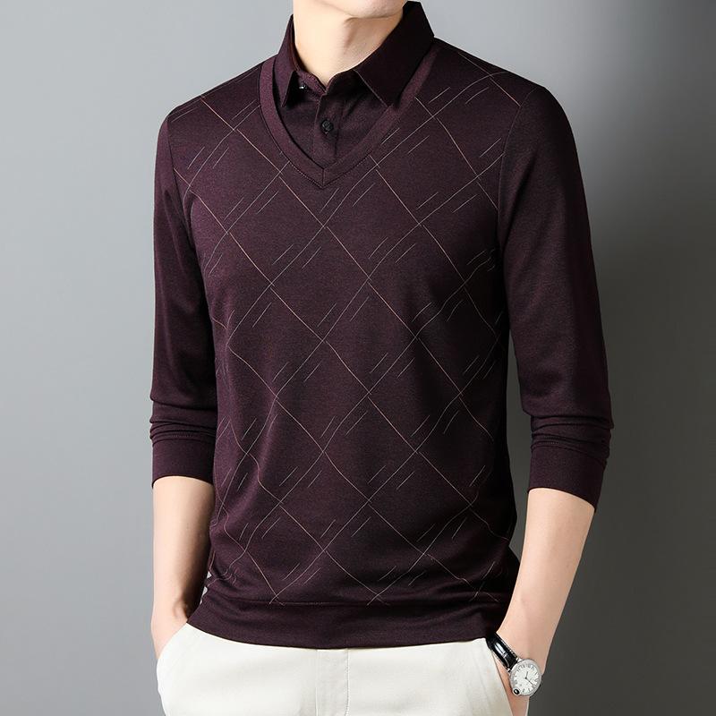 Herren Langarm-Poloshirt Lässig Hochwertig Rautenmuster Fake Zweiteiler T-Shirt