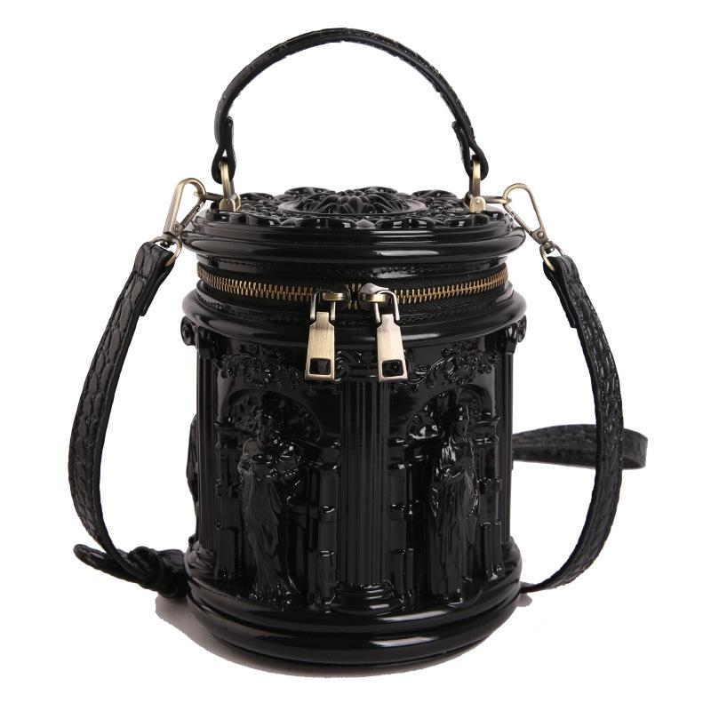 

Unisex Vintage Roman Column Relief Cylindrical Handbag Antique Bronze Temple Architecture Bucket Bag Personalized Crossbody Bag чёрный