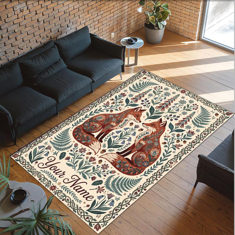 Fox Theme Crystal Velvet Floor Rug Personalized Custom Name Text Warm Carpet Home Decoration