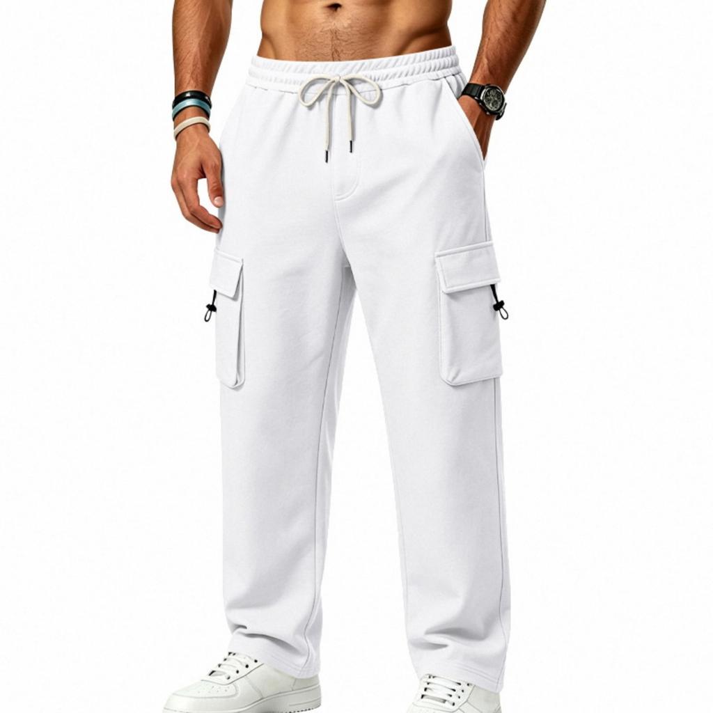 Men Heavyweight Fleece Outdoor Jogger Pants Multi Pocket Utility Design Vintage Casual Sweatpants Drawstring Waistband