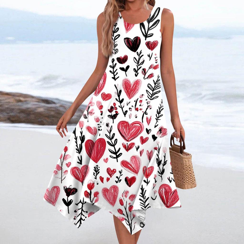 Lässiges, modisches Damen-Midikleid mit Rundhalsausschnitt, ärmellosem Aufdruck und unregelmäßigem Saum