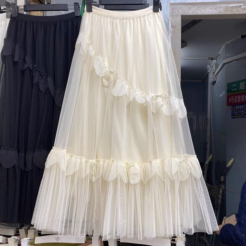 2025 Spring and Summer New Super Fairy Splicing Pleated Pendulum Tutu Skirt High Waist Design Medium and Long Skirt