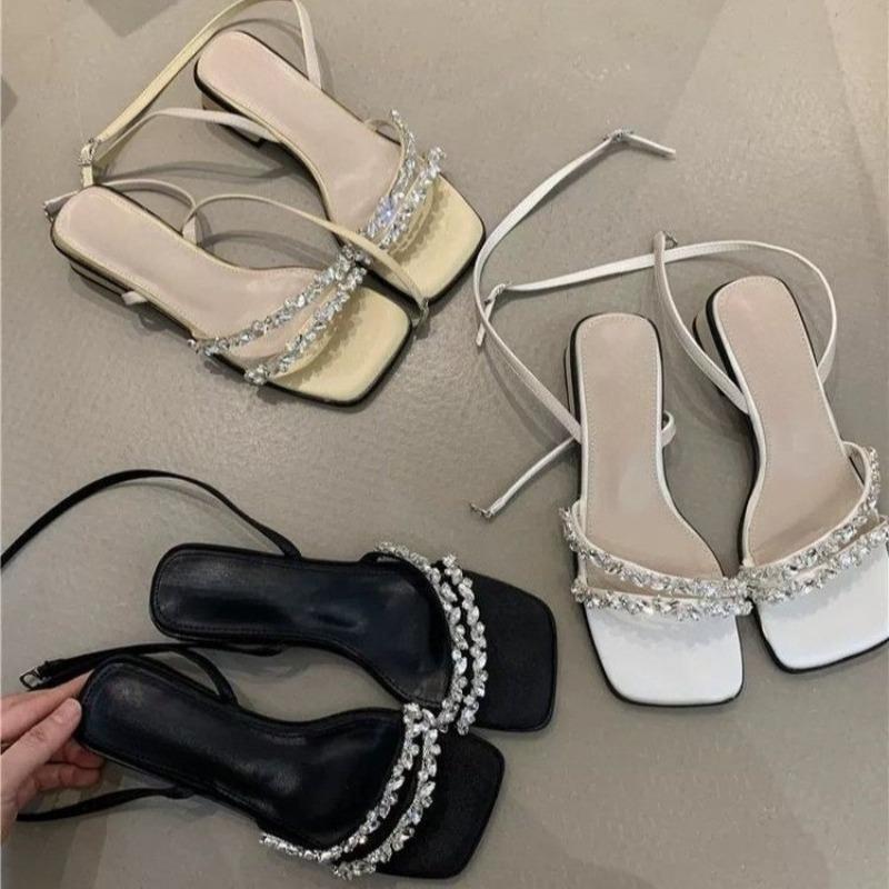Fashion Summer New Temperament Rhinestone Strap Block Heel Kitten Heel Sandals Open Toe Versatile Low Heel Fashion Women's Shoes