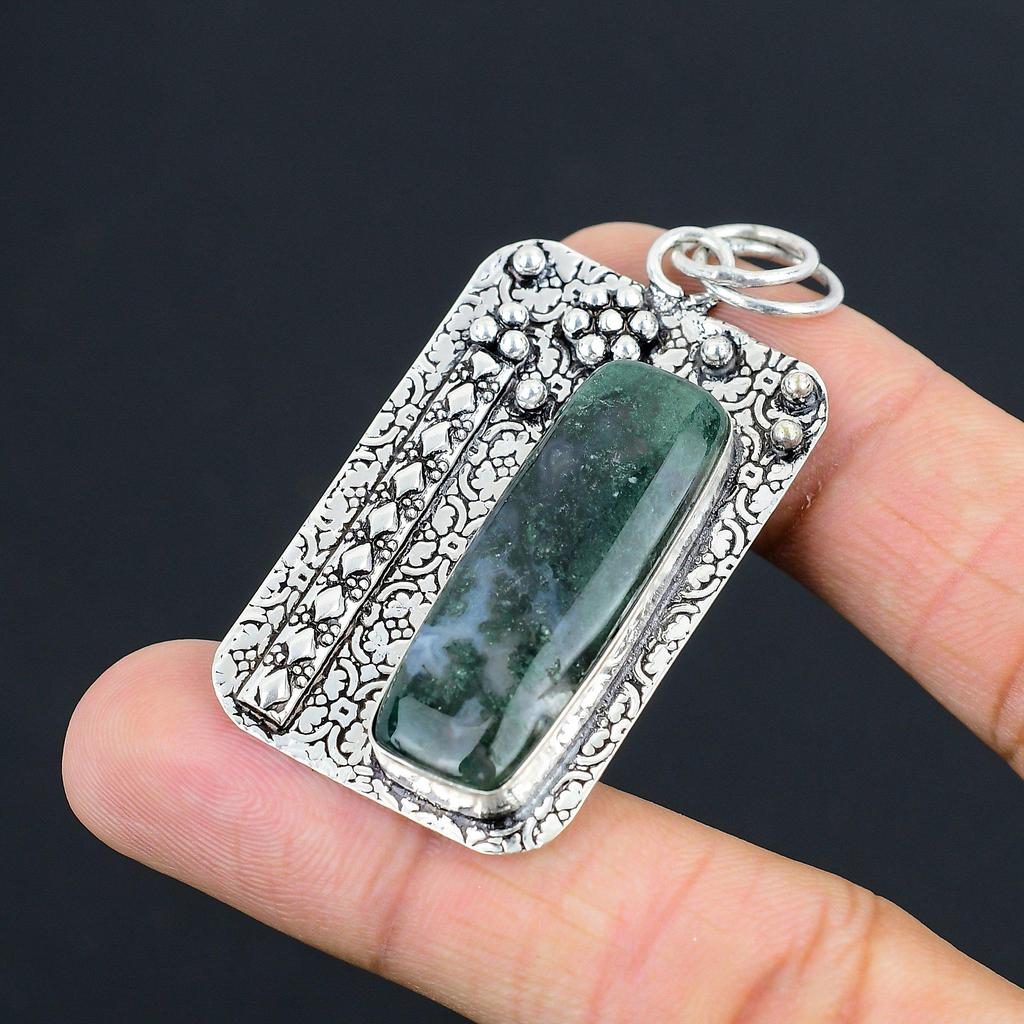 Gift For Her 925 Sterling Silver Natural Solar Moss Agate Gemstone Pendant