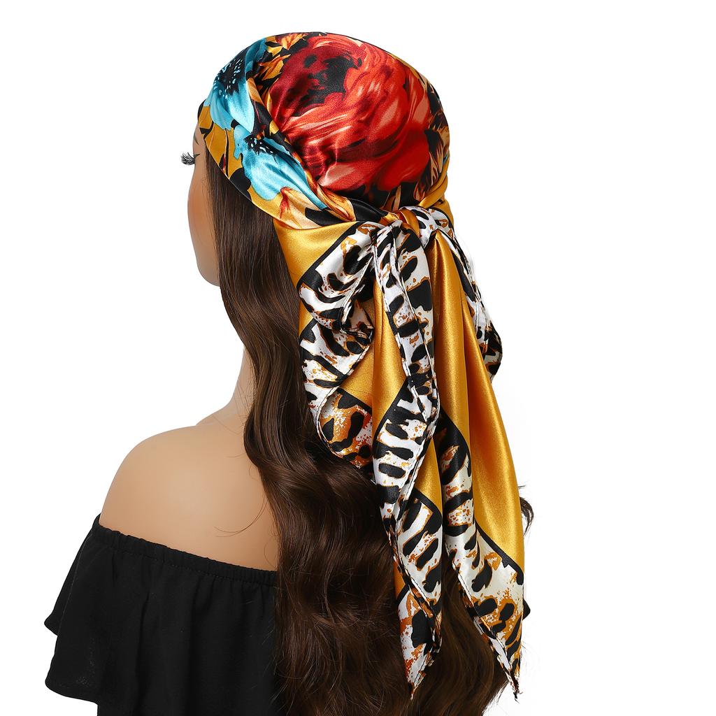 new 90*90cm Vintage Flowers Square Scarf Women Silk Shawl Neckerchief Female Print Headband Head Wraps Foulard Hijab Hair Bands