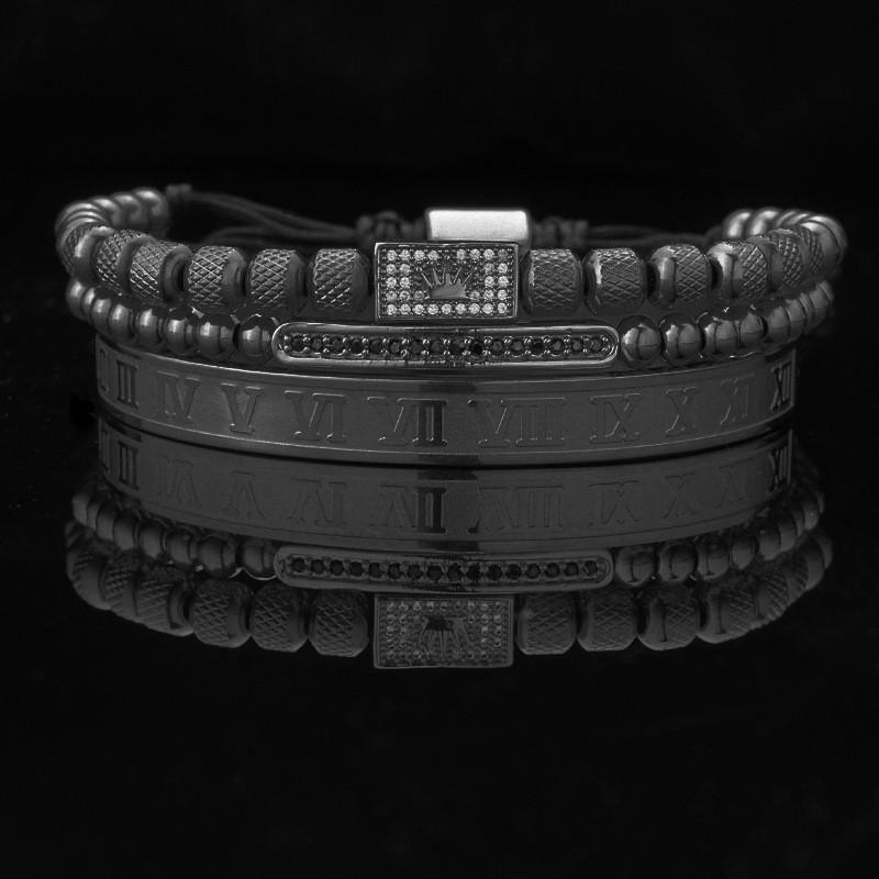 Stainless Steel Crown Roman Letter Braided Bracelet Set With Zircon Accents Punk Style Adjustable Open Cuff Bangle Men Black Crown Square Plate with Black Zircon