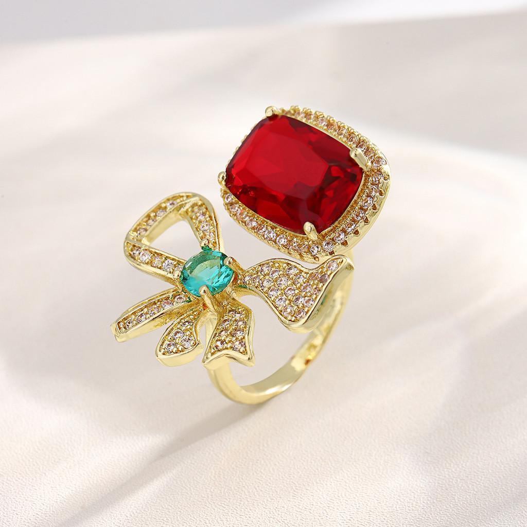 Copper Zircon Flower Open Ring For Women With Adjustable Size And Christmas Holiday Style