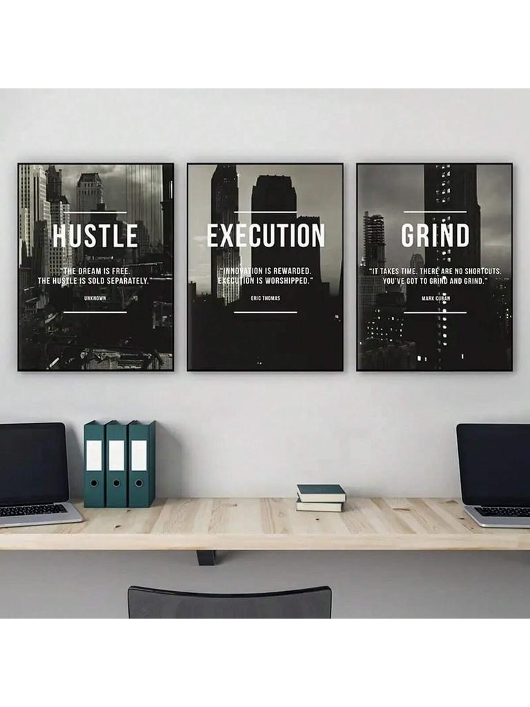 3-teiliges modernes abstraktes Hustle Grind Execute Wandkunst, Motivierendes Heimoffice Leinwandbild Kunst, Für Wohnzimmer Cuadros Dekor,