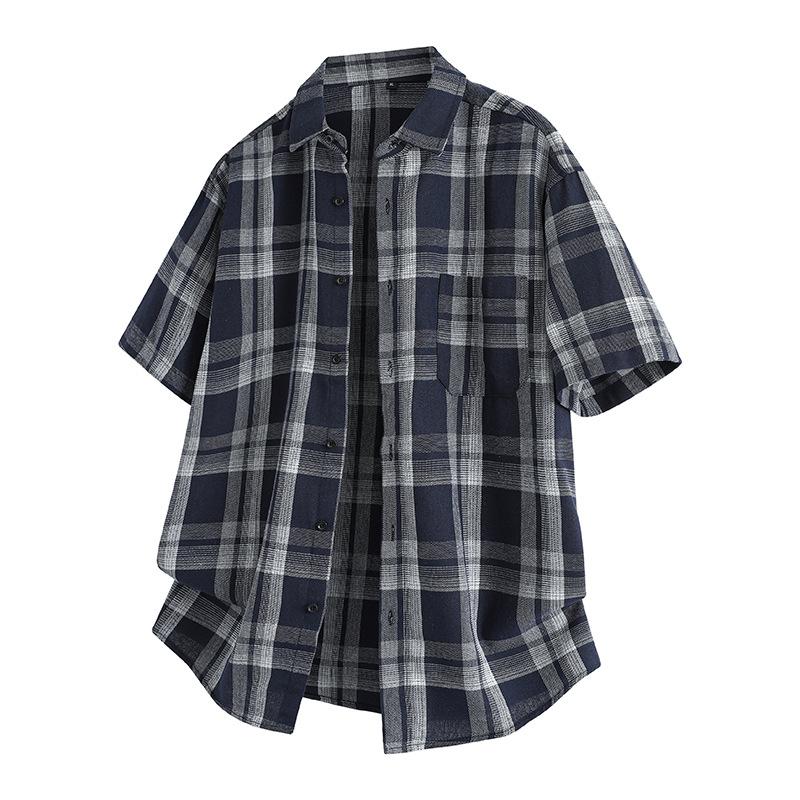 Men Oversized Short Sleeve Plaid Shirt Button Down Casual Loose Fit Streetwear Top
