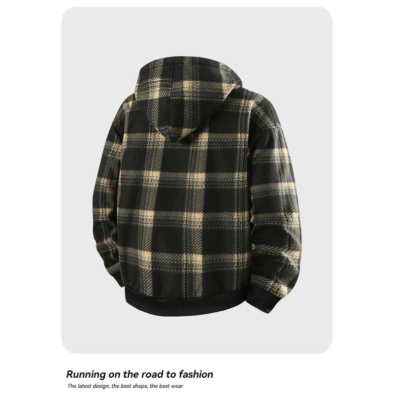 All-match Fashion Casual Jacket Men's Plaid Contrasting Color Long-sleeved Hooded Jacket Top