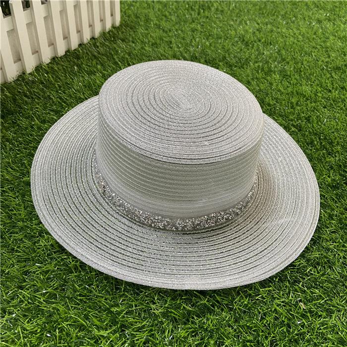 Straw Hat Female Sun Hat Flat Top Sequins Elegant White Top Hat Female British Sun Protection Seaside Vacation Sun Hat Sub Tide