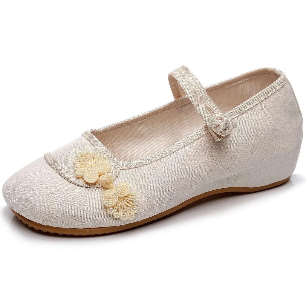 Chinese Knot Women Cotton Fabric Embroidered Ballet Flats Retro Ladies Casual Traditional Old Beijing Shoes Solid Color