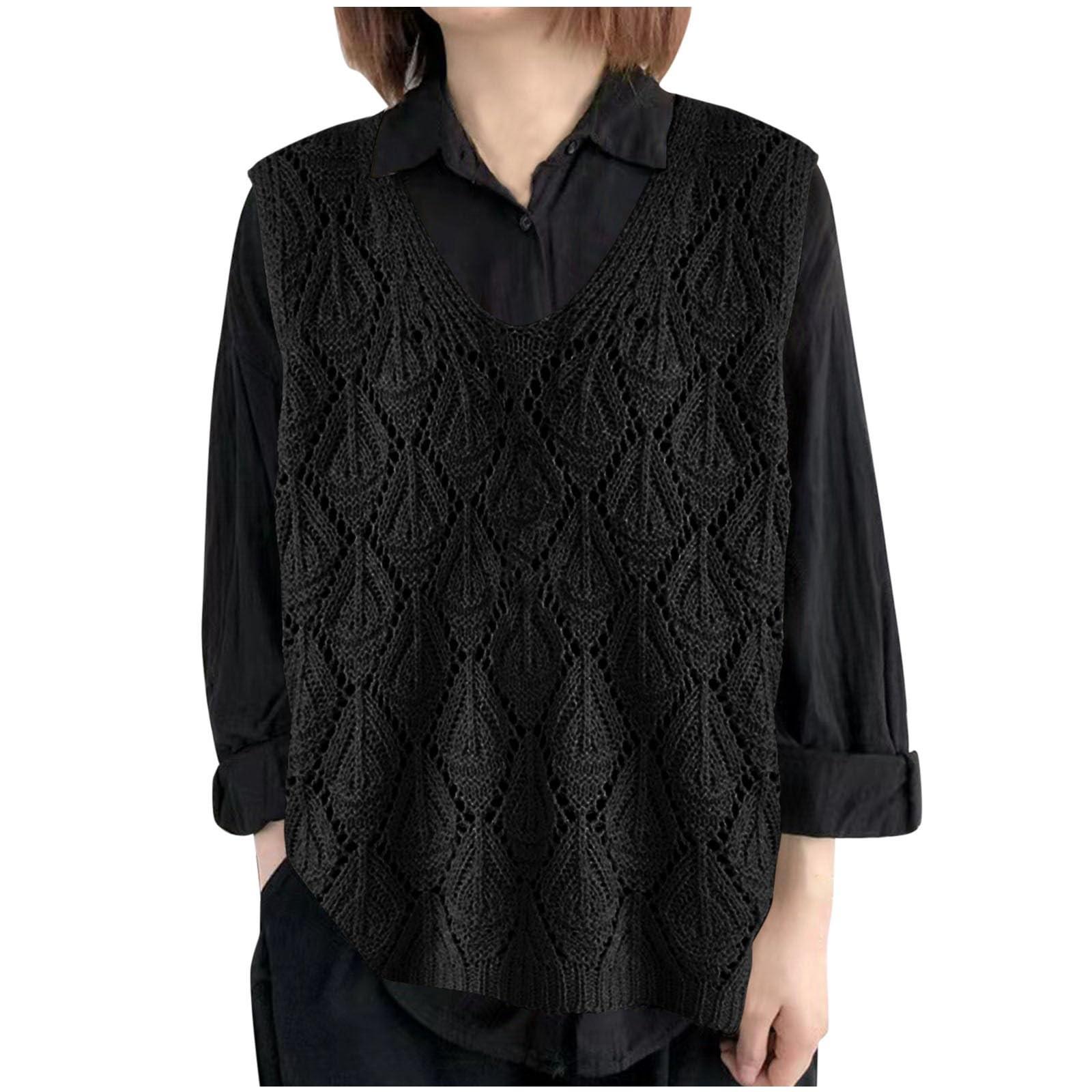 

Women s Casual Fashion Retro V-neck Loose Hollow Pullover Vest Sleeveless Vest One Size чорний