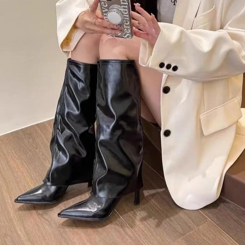 Fashion Pointed Fine Heel Fashion Boots Rub Zipper Sexy Women's Boots 2025 Winter New High Boots Rubber Bottom Pu Material