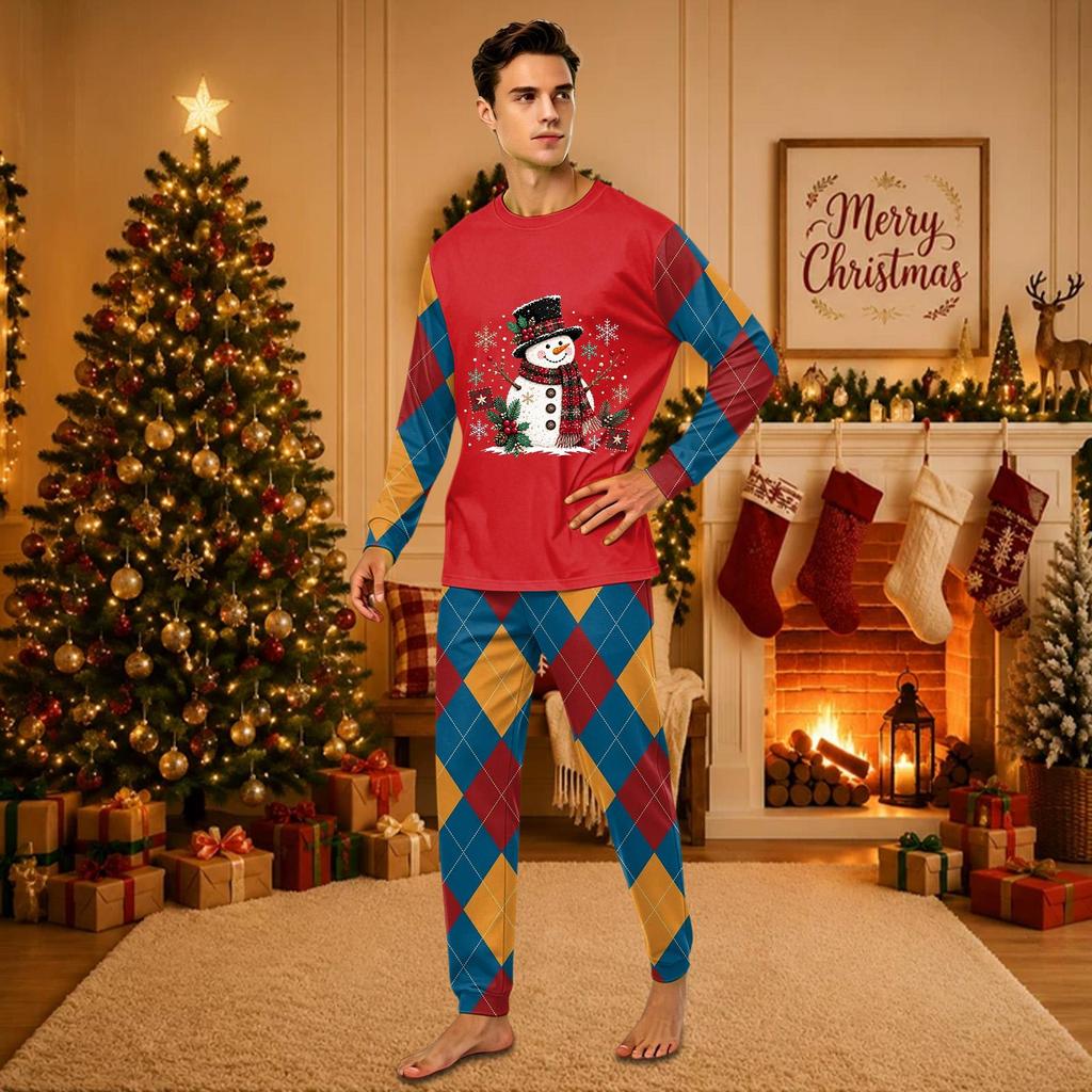 Christmas-print long-sleeve and long-pant matching family loungewear set