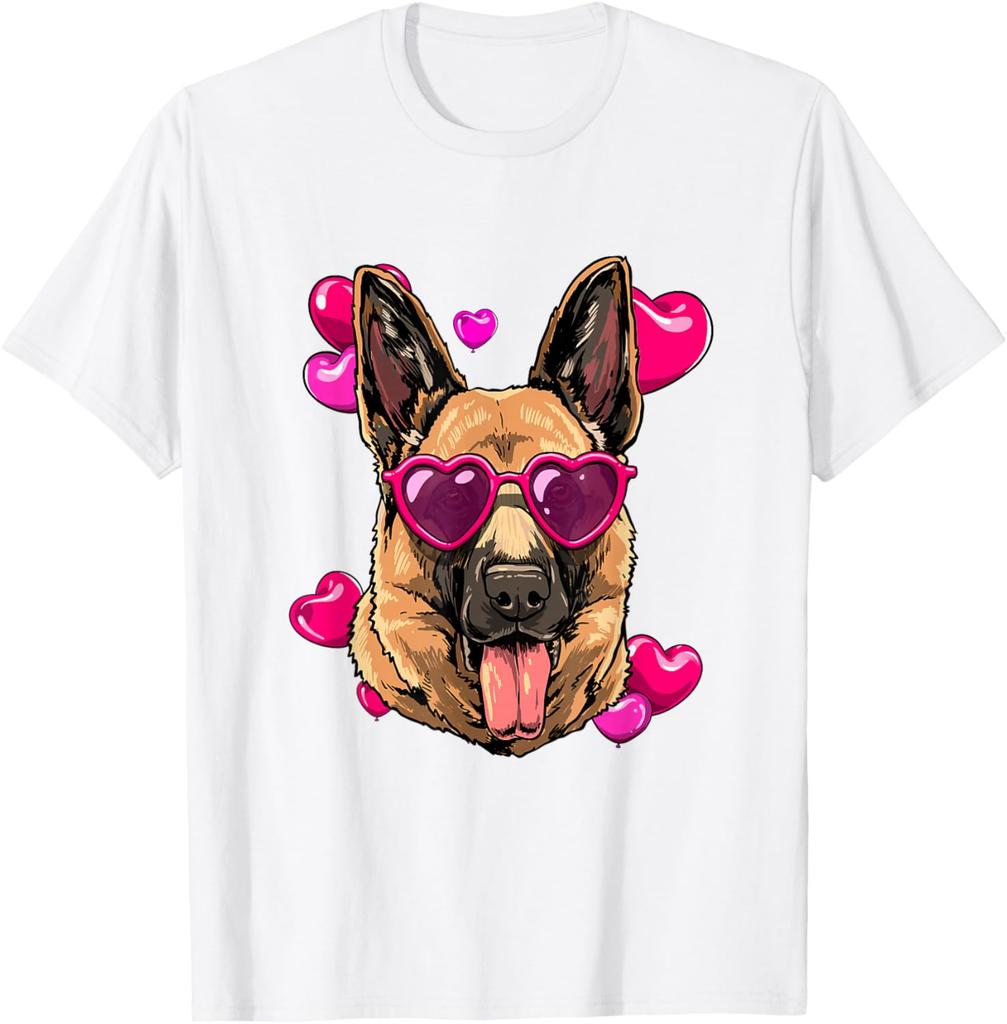 German Shepherd Valentine Heart Glasses Dog Lover Graphic Tee Soft Breathable Short Sleeve T-Shirt