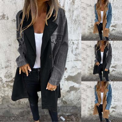 Women's Long Jean Jackets Colorblock Long Sleeve Notched Collar Coat Mid Length Button Down Denim Outwear With Pockets