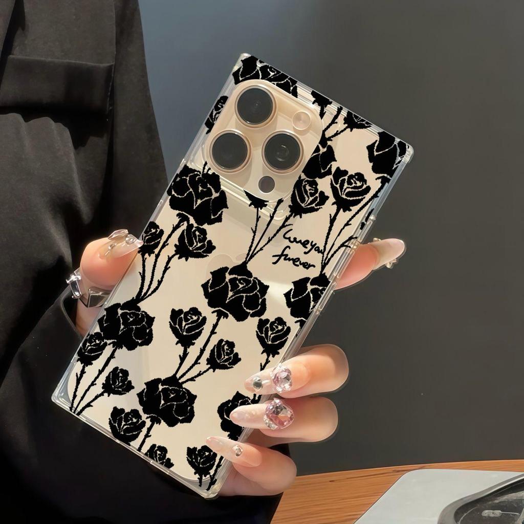 Transparent Square Back Tube Case Casing Protection For iPhone 13 15 Plus 11 12 16 ProMax 14 Pro Max Anti-Oxygen,Bramble Rose Pattern