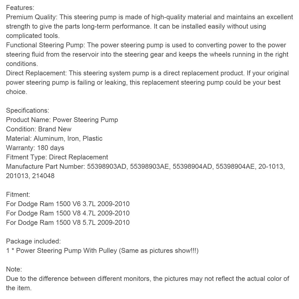 Power Steering Pump w/ Pulley & Reservoir Fit Dodge RAM 1500 2009-2010