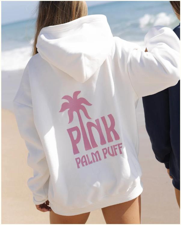 Women's Hooded Long Sleeve Drop Shoulder Pullover Sweatshirt Palm Tree "PINK PALM PUFF" Back Letter Print Casual Hoodie