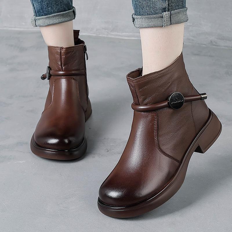 First layer cowhide autumn and winter new retro thick heel Martin boots medium heel leather boots women's thick heel short boots