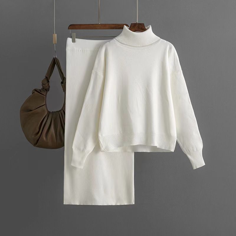

New Arrival Knitting Turtleneck Sweater Skirt Two-piece Set High Neck Sweater Half Skirt Set White All yards