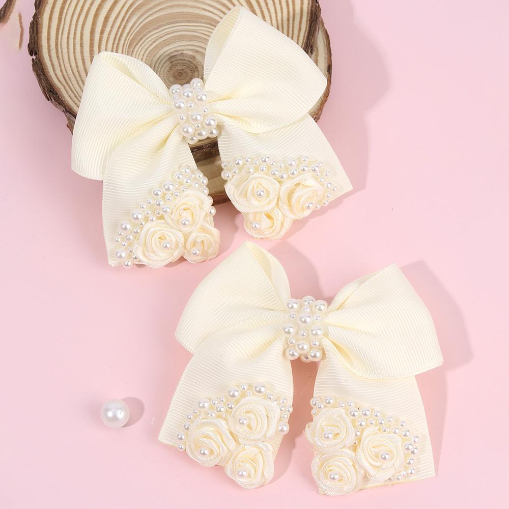 

2 шт. Новые заколки для волос с цветком и бантом, элегантные заколки для волос с лентами и жемчугом, цветочная заколка-автомат для девочек, детей, школьниц, аксессуары для головного убора