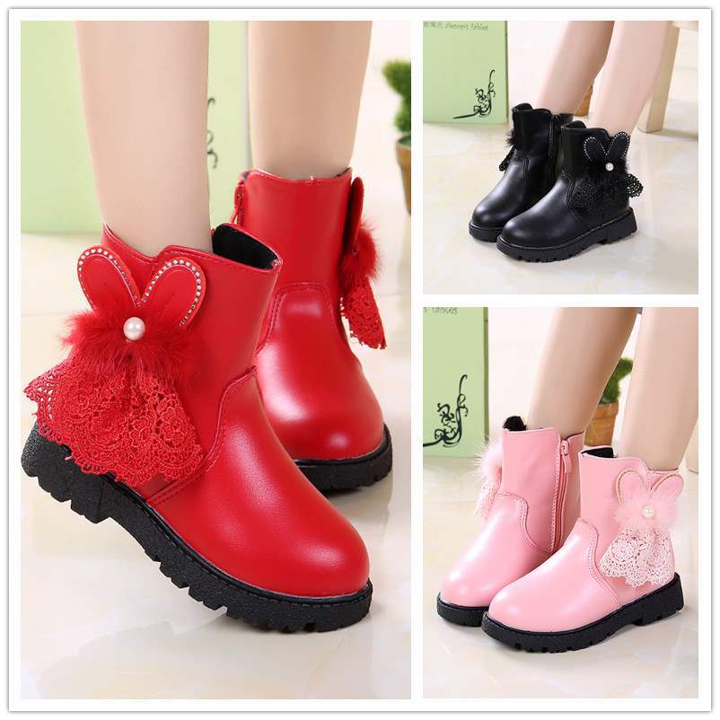 Mädchenschuhe Stiefel Kinder Kurzstiefel Herbst und Winter 2025 neue Baumwollstiefel Prinzessin zwei Baumwollschuhe Samt warm Spitze Kaninchen