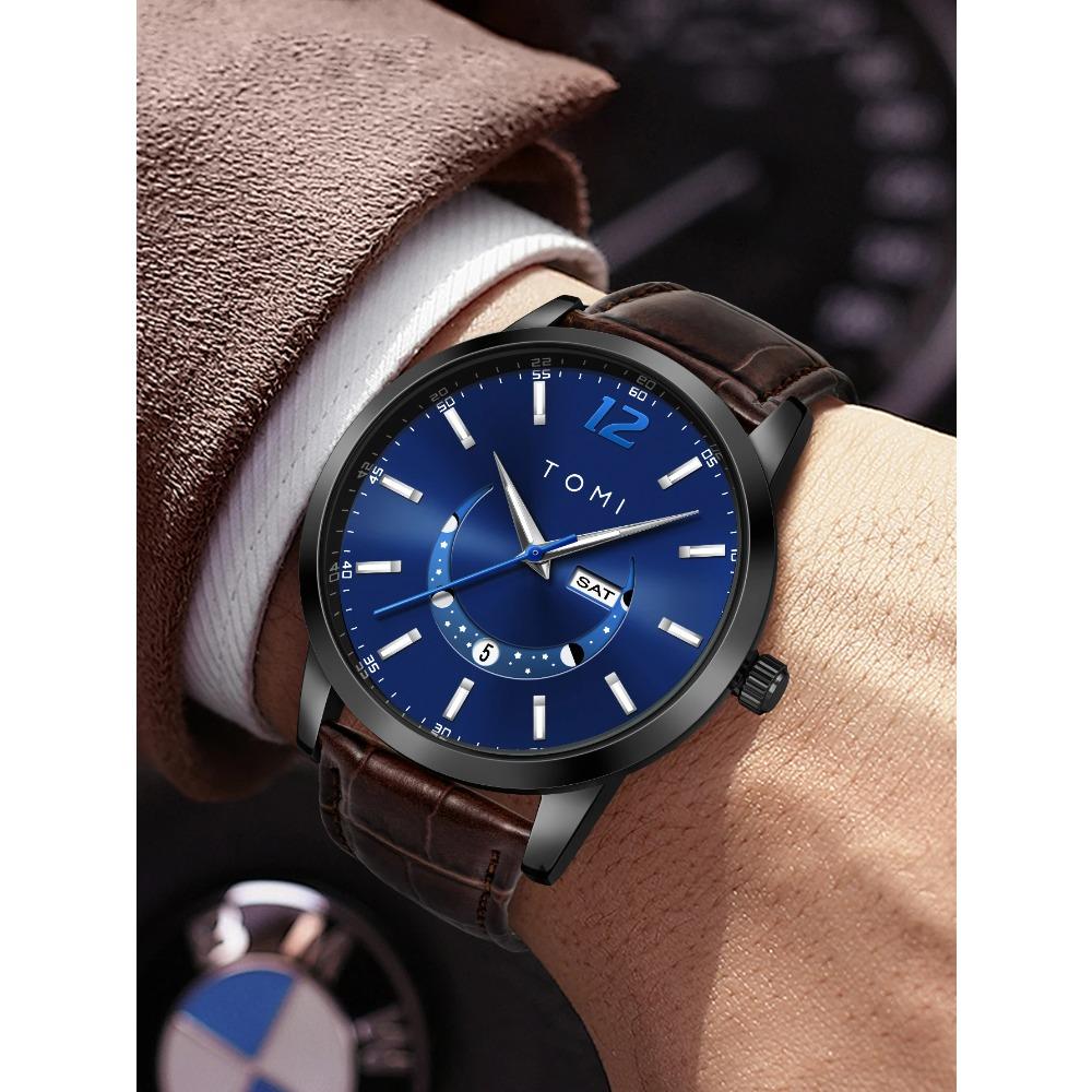 Luxury Business Fashion Quartz Watch with Leather Strap Alloy Case Pointer Dial-Premium Design Men's Gift