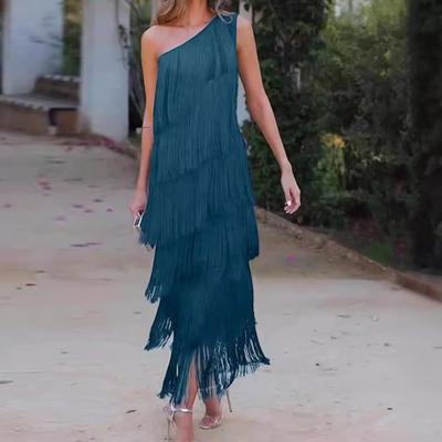 Women Evening Dress Layered Fringed Tassel One Shoulder Sleeveless Solid Color Asymmetric Ankle Length Cocktail Party Prom Dance Maxi Dress