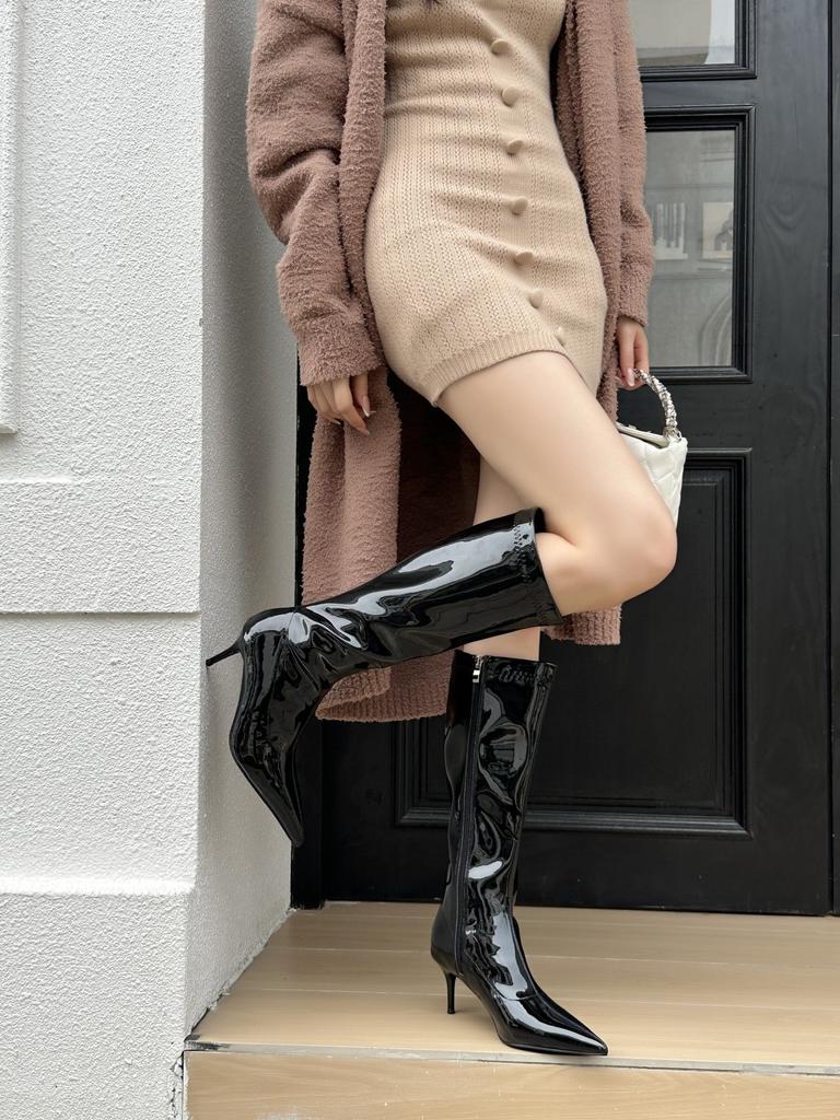 European and American temperament versatile celebrity style patent leather pointed high-heeled boots
